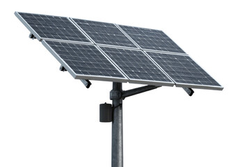 Solar panel array mounted on a metal pole.  Fourteen square panels form a grid.  Gray metal framework supports the system.  Small box attached to the pole