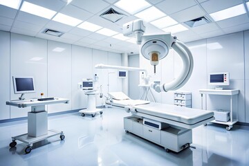 Sterile surgical room with advanced medical equipment, including C-arm imaging system and operating table, ideal for healthcare and clinical technology themes