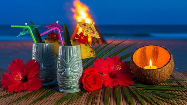 Vibrant tiki cocktails, hibiscus flowers, and a glowing coconut candle set against a beach bonfire at dusk, perfect for summer luau party invitations, tropical vacation ads, or exotic drink menus.