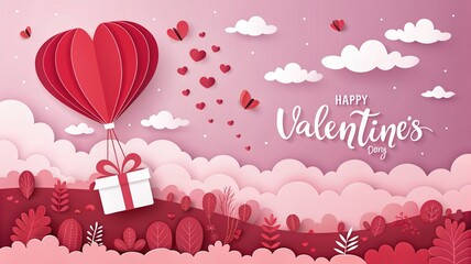 Happy Valentine's Day greeting card with paper cut style heart shaped hot air balloon and gift box in pink sky