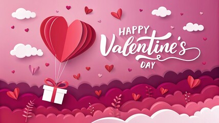 Happy Valentine's Day greeting card with paper cut style heart shaped hot air balloon and gift box in pink sky