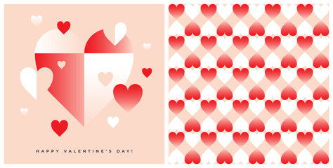 Valentine's Day greeting card design with abstract heart shape and geometric seamless pattern. 14th February, Mother's Day, wedding anniversary, love and romance celebration background.