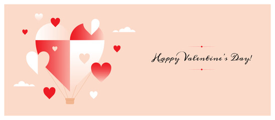 Happy Valentine's Day horizontal banner or greeting card design with abstract flying hot air balloon in a shape of heart. 14th February, love and romance celebration background.
