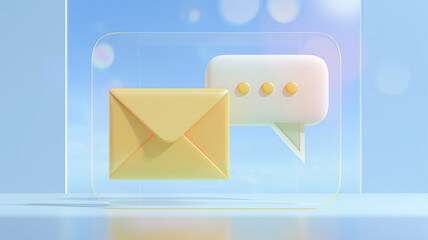 淡い氷色背景、ガラス風パネル越しに封筒と吹き出しが浮かぶ清潔構図