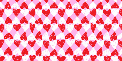 Geometric hand drawn seamless pattern with doodle hearts. Valentine's Day background. Lovely and sweet wrapping paper, wallpaper, fabric texture or ornament design.