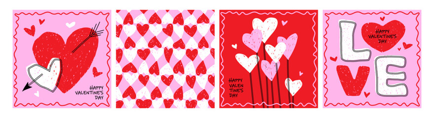 Valentine's Day square hand drawn doodle greeting cards set. Love and romance conceptual design.