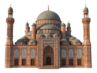 Grand mosque with multiple domes and minarets isolated on transparent background