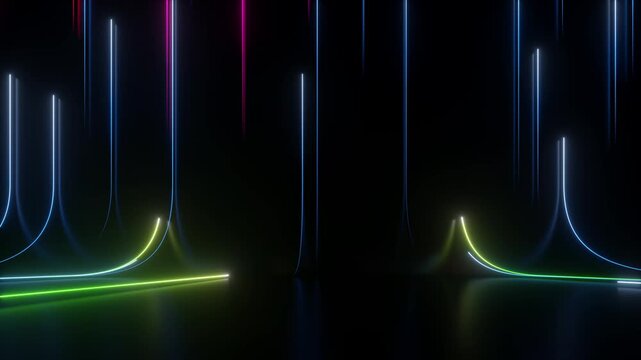 3d animation. Abstract neon background with blue green glowing lines sliding up. Futuristic animated wallpaper