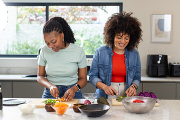 Diverse female friends slicing fresh vegetables using chef's knives at kitchen island