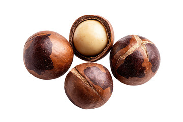 Close-up of four macadamia nuts, one split open, revealing creamy interior.  Dark brown shells with intricate patterns,  arranged in a loose cluster