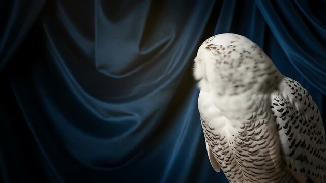 Snowy Owl Portrait: Majestic Bird Against Blue Velvet Drapery