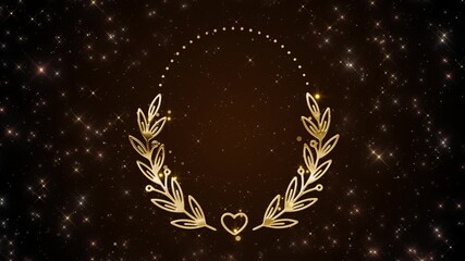 Elegant golden laurel wreath in oval shape featuring a small heart at the bottom and shimmering stars background perfect for wedding invitations luxury awards and romantic event designs