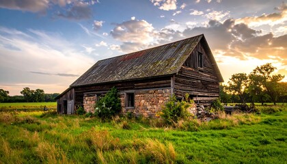 Rustic Barn Amidst Golden Hour Glow - A Rural Landscape.