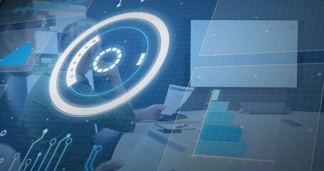 Analyzing printed sheet, man wearing suit interacting with AR HUD and phone in office, copy space