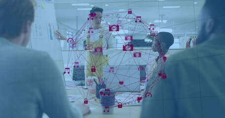 Presenting man in yellow vest explaining concepts in design studio meeting, with flip chart overlay