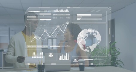 Viewing colleagues leaning over AR panel above laptop at office in cardigan sleeveless dark sweater