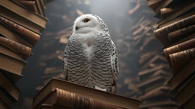 Snowy Owl Perched on Books: Wisdom and Knowledge