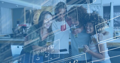 Leaning four adults gathering at bar counter, looking down at phone, holding beer mugs, HUD overlay