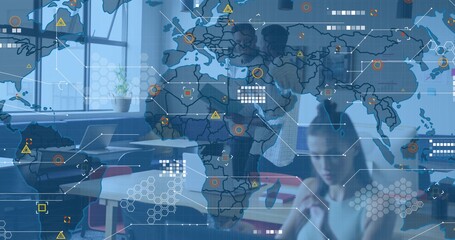 Displaying global HUD overlay dominating meeting room, with colleagues wearing business shirts