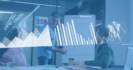 Pointing presenter in shirt explaining flip chart sketches in meeting room, showing digital charts