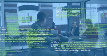 Discussing business-casual team holding meeting in glass room with laptops and code overlay