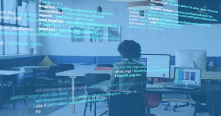 Typing woman wearing sweater working at open-plan office desk with monitor, laptop and code overlay