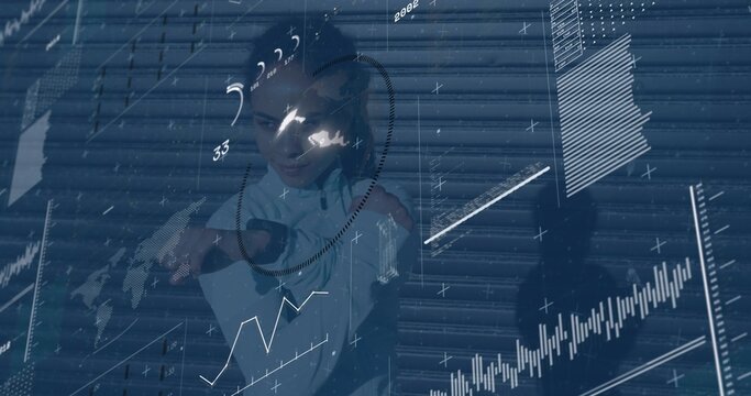 Pointing woman engaging with HUD overlays before roller shutter, with visor headset zip jacket - Powered by Adobe