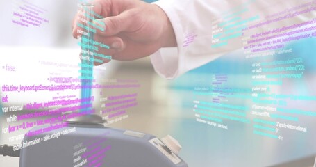 Holding right hand in white sleeve inserting blue card into reader at counter, holographic code