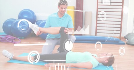 Kneeling practitioner in polo guiding client in top with knee support on blue mat, HUD overlays