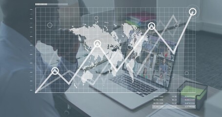 Showing laptop with data overlay at office, thumbnails visible, worker in collared shirt, blazer