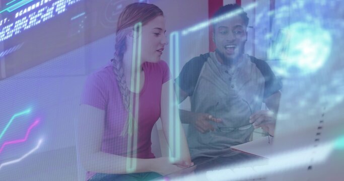 Working two men wearing magenta shirt and grey raglan typing laptop holding glasses and holograms - Powered by Adobe