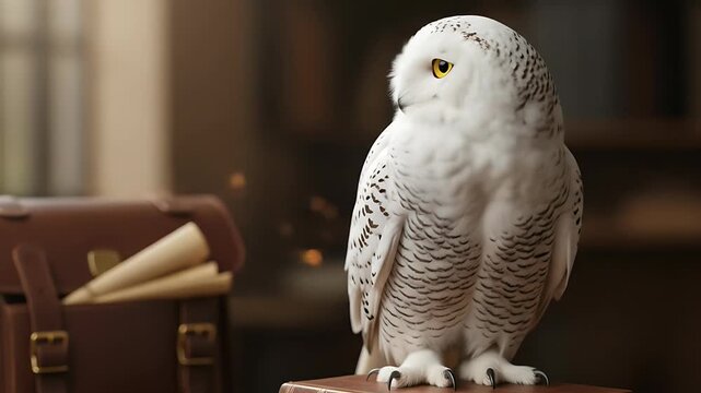 Snowy Owl Portrait: Intelligent Bird on Suitcase