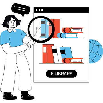 Person using magnifying glass to browse e-library books online