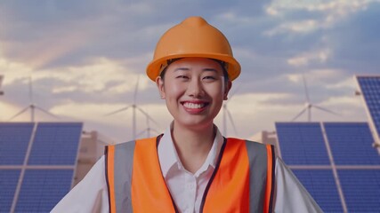 Close Up Of Asian Female Engineer Wearing Safety Helmet Looking At Camera While Standing With Arms Akimbo at Energy Farm featuring Solar Panels, Battery Storage and Wind Turbines