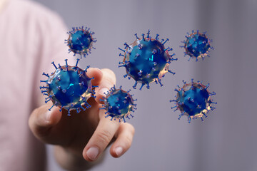 Artistic rendering of a person's hand interacting with virus models. Illustration concept for disease, infecti