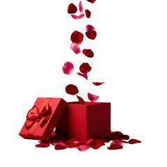 Red gift box with falling rose petals isolated on transparent background