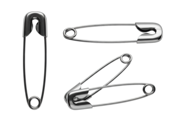 macro shot of three polished stainless steel safety pins, geometrically arranged on a transparent background with hard specular reflections and sharp detail. concept of metallic utility and precision
