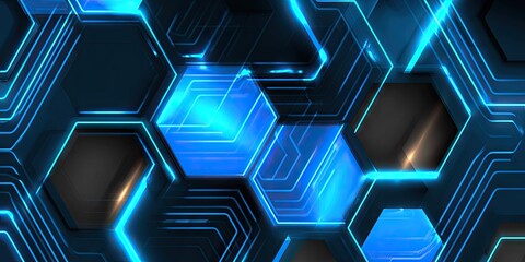Abstract digital network design with glowing hexagonal pattern on a dark background
