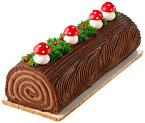 Delicious chocolate Yule log cake, meticulously crafted with a rich cocoa sponge and smooth chocolate buttercream frosting, realistically textured to resemble a, isolated on transparent background.