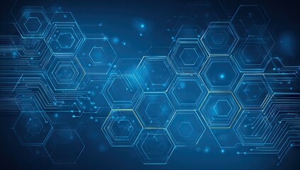 Abstract digital network of interconnected hexagonal structures on dark blue backdrop