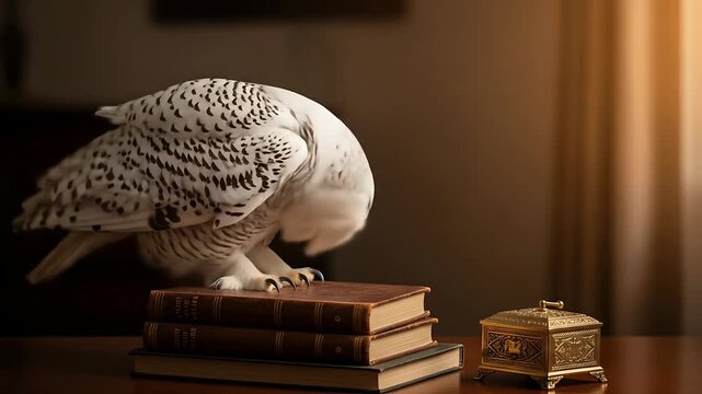 Snowy Owl Perched on Books with Decorative Box