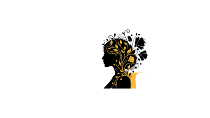 A stylized golden logo with a floral design on a black background