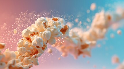 Floating popcorn kernels create a flowing stream in stylized visual space. Conceptual snack representation focused on motion and visual impact. Modern commercial illustration for media, advertising