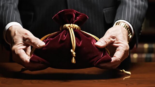 Hands holding money bag with drawstring, investment and capital concept