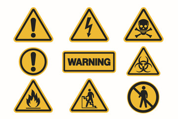 Warning signs vector set, collection of hazard symbols like high voltage, biohazard, poison, and fire, safety first concept illustration with attention and danger icons for risk awareness.