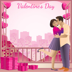 Romantic Asian couple kissing on balcony with city view and heart background. Valentine Day design with copy space. Square vector illustration.