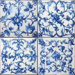 Historic old tiles patterns. white background, blue flowers.