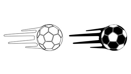 Two soccer balls with motion lines moving fast in black and white with speed and movement and sports and football and dynamic and action with illustration