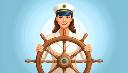 Confident female captain navigating with a ships wheel illustration.