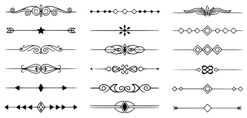 Collection of ornate black and white decorative horizontal line dividers featuring swirls scrolls stars arrows and geometric shapes for elegant design separation